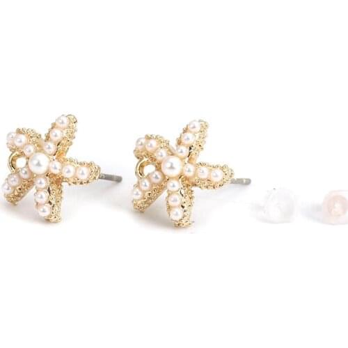 DoreenBeads Zinc Based Alloy & Acrylic Ear Post Stud Earrings Findings Star Fish Gold Imitation Pearl W/ Loop 12mm x 12mm, 5 PCs