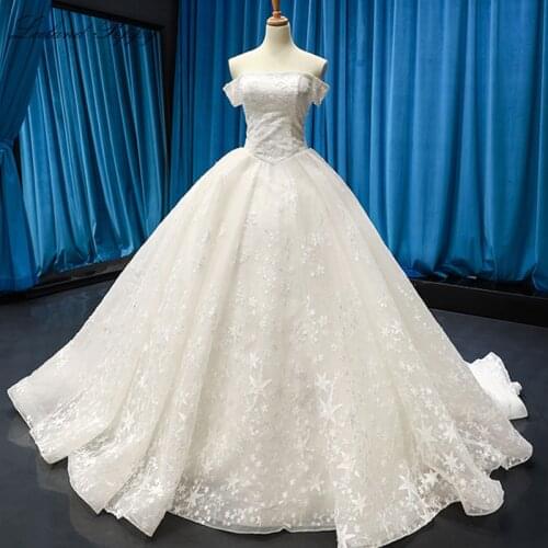 Elegant Womens A-line Lace Wedding Dresses 2020 Floor Length Off the Shoulder Appliques Bridal Dress Court Train