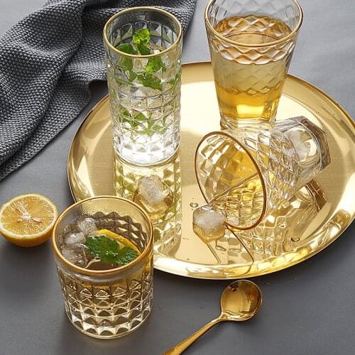 Crystal Embossed Wine Glass Transparent Golden Rim Whisky Glass Cup Home Office Bar Beer Milk Juice Coffee Mug Drinking Glasses