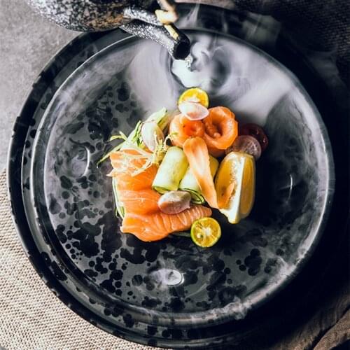 Creative sashimi dry ice plate Japanese salmon seafood sushi restaurant hotel restaurant high-end flat plate serving plate