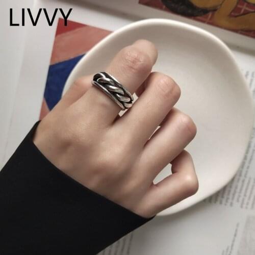LIVVY Silver Color Weaving Open Ring Women Punk Vintage Girl Finger Adjustable Fashion Fine Jewelry