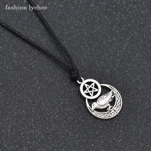 Fashion lychee Retro Style Pentagram Hollow Metal Geometric Crow Pendant Necklace Men Vintage Black Rope Chain Necklace