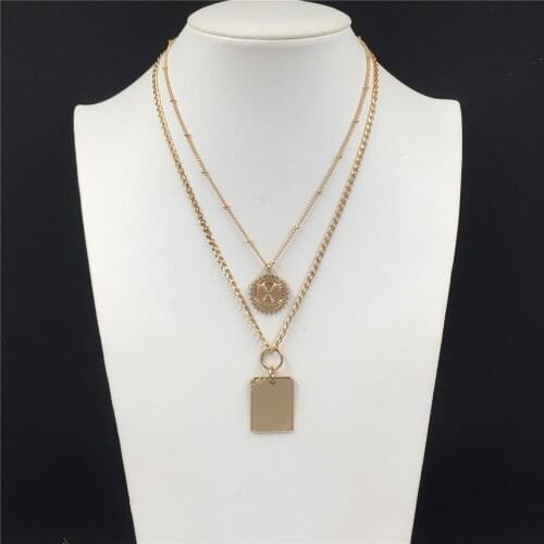 Trendy Gold Color Plating Textured Round and Sqaure Pendant Women Necklace For School Party Office Decoration Fashion Jewelry