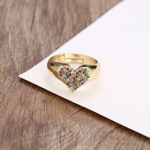 Fashion Womens gold heart cz open ring adjustable rainbow ring Wedding rings Multicolored crystal copper ring for women