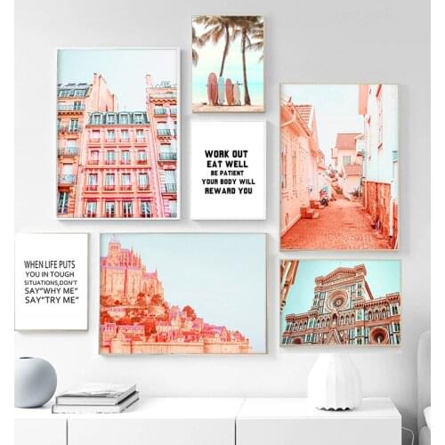 Pink Building Wall Art Poster Decoration Home Canvas Painting Simple Black and White Text Living Room Landscape Wall Picture