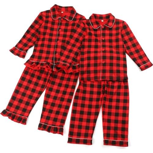 Christmas Sleepwear Warm Cotton Buffalo Plaid Siblings Match Boys And Girls Button Up Kids Pajamas