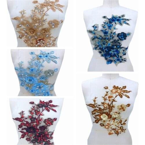 Multicolored Three-dimensional flower lace applique sew on bead rhinestones trimming patches 32*15cm for dress DIYaccessory