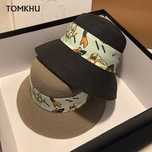 New Wide Brim Cloche Straw Hat for Women UPF50 Sun Hat Print Ribbon Wide Brim Woven Bucket Hat Summer Beach Cap Derby Hat