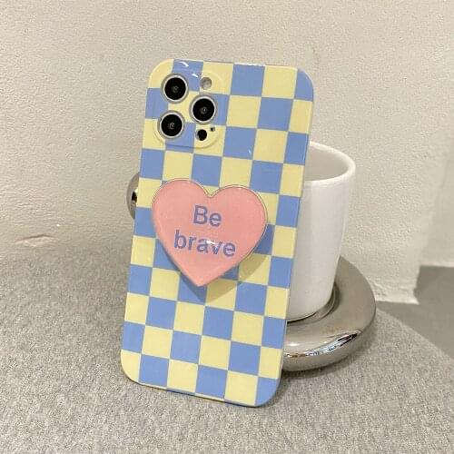 Love Heart Bracket Blue & Yellow Checkered Case for iphone 11 Max 12 Pro Mini X XS XR 7 8 Plus 2020 Candy Color Silicone Cover