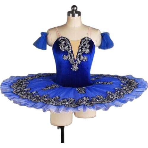 Blue Velvet Bodice Professional Ballet Dance Tutu Dress with 7 Layers Stiff Tulle Pancake Tutus Performance Dance Wear BLL432