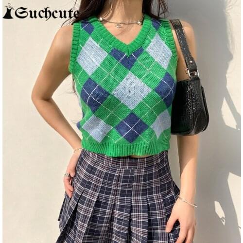 SUCHCUTE Preppy Style Argyle Plaid Sweater Vest Women Y2K V Neck Casual Green Knitwear Streetwear 2021 Spring Ladies Pullover