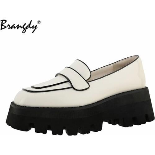 Brangdy Vintage Collegiate Cow Leather Shoes Women Thick Sole Platform Wedge High Heels Creepers Cosplay Uniform Pumps Size 40