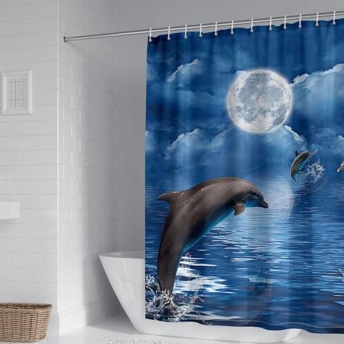 3D Blue Ocean Dolphin Shower Curtain for Bathroom Coastal Beach Decoration Teal Sea Turtle Fabric Curtain Set with Hooks