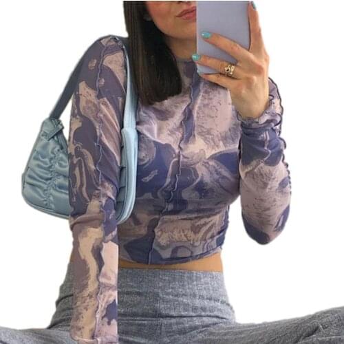 Women Early Autumn Sheer Mesh Tops Sexy Long Sleeve Crew Neck Tie Dye Print Slim Fit T-Shirts