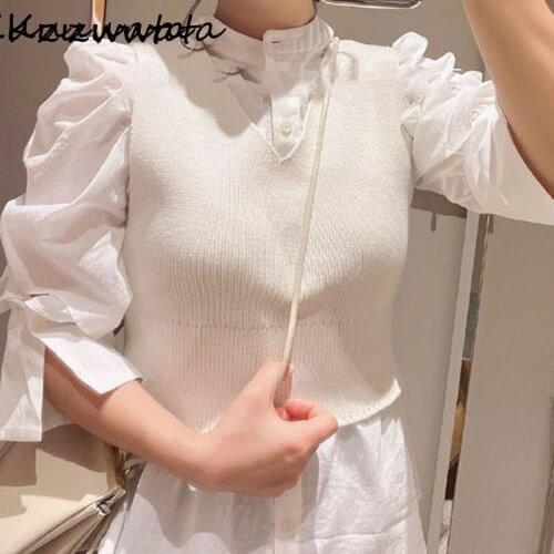 Kuzuwata Japan Style Puff Sleeve Ruffles Solid Women Blouse 2021 Sunmmer Single Breasted Slim V Neck Vest Two Piece Set