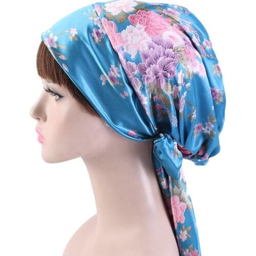 Womens Muslim Hijab Cancer Chemo Sliky Flower Print Hat Turban Cap Cover Hair Loss Head Wrap Pre-Tied Headwear Strech Bandana