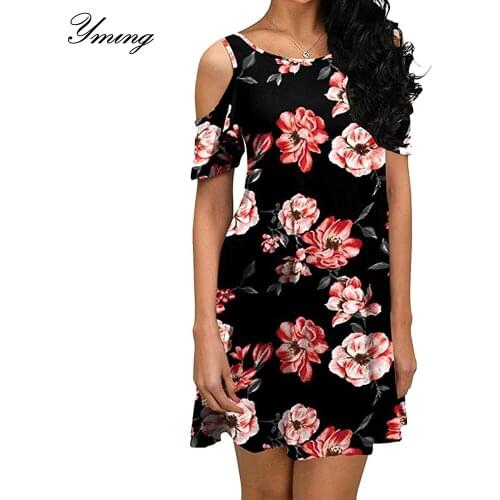 YMING Floral Printed Dress Women Boho Evening Party Dress Off Shoulder Mini Dresses Beach Casual Sundress White Pocket Dresses