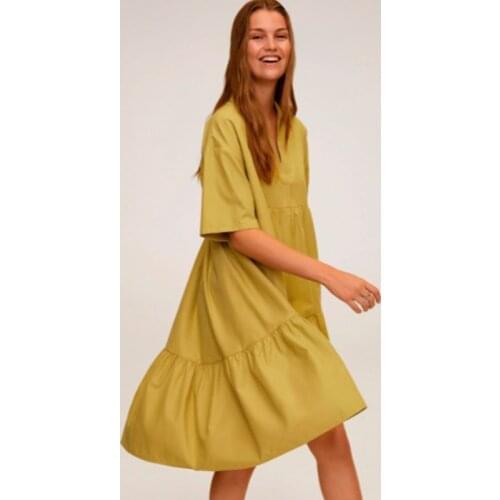 Ladies Summer Casual Loose V-neck Dress Straight Short Sleeves Solid Color Pullover Patchwork Folds Mid Dress 2021 New Fashion