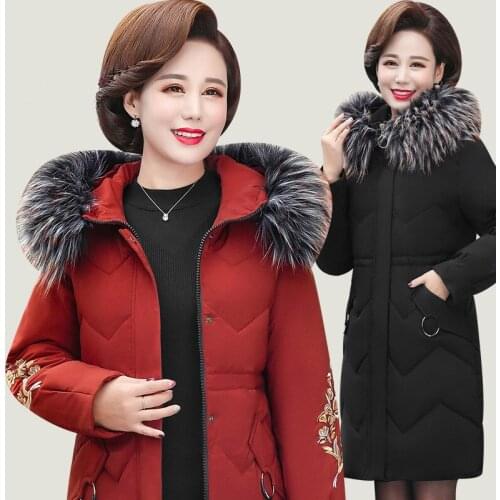 Womens Winter Coat New Product Mothers Wear Mid-length Hooded Warm Foreign Style Large Size Middle-aged Womens Cotton Coat