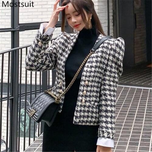 Winter Houndstooth Korean Double Breasted V-neck Coats Jackets Women Long Sleeve Elegant Vintage Woolen Suit Overcoats Outwear