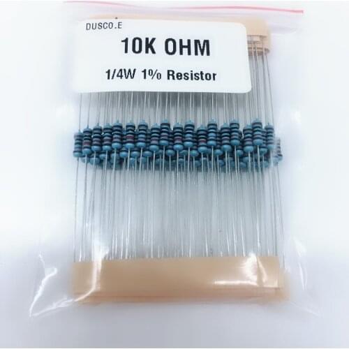 100 pcs 1 Pack 1/4W 1% Metal Film Resistor 10K 100R 120R 220R 330R 470R 680R 1K 2K 2.2K 4.7K 6.8K 20K 100K 220K ohm resistance
