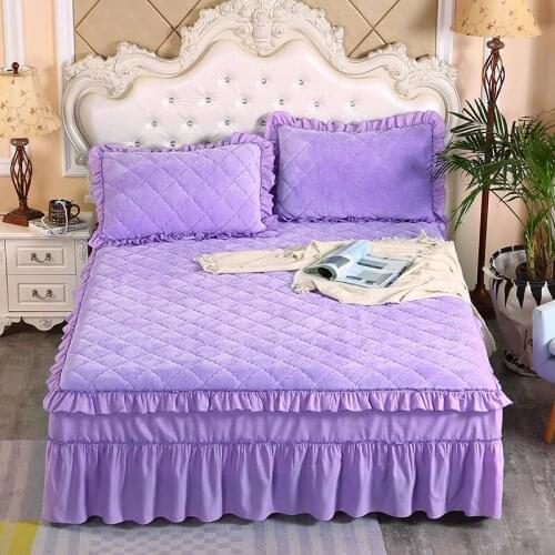 Thickening Thickened flannel quilting Bed spread Fitted Sheet Pillowcases 2/3pcs Solid Princess Double decker Lace Bedding