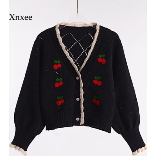 2021 Cherry Embroidery Sweaters Korean Women Short Knitted Pullover Long Sleeve V-Neck Casual Sweet Style Girly Crop Top Clothes