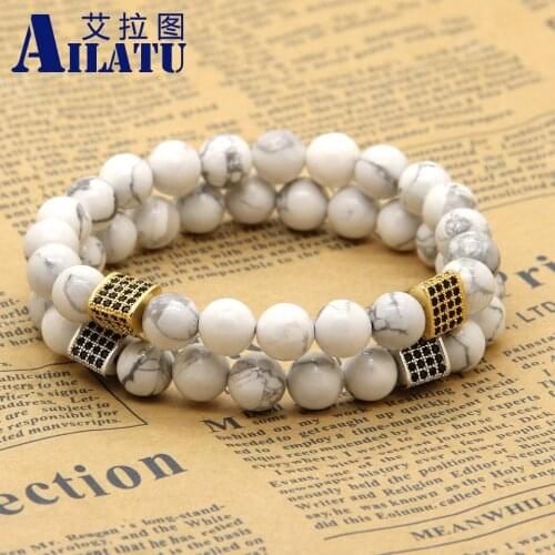 Ailatu Hot Sale 8mm White Howlite Stone with Triangular Prism Cubic Zirconia Mens Energy CZ Bracelet Birthday Gift
