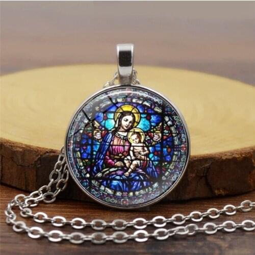 Virgin Mary Time Gemstone Necklace God Christian Ornament Retro Sweater Chain European Metal Material Home Decoration