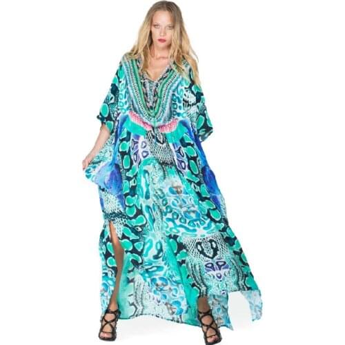 Fato de banho cover Casual Bikini Cover-ups Blue Tunic Boho Printed Summer Beach Dress Elegant Women Plus Size Beach Wear Swim