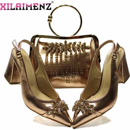 INS New Design Hot Selling Nigerian Women Shoes and Bag Set in Champagne Pointed Toe Shoes Matching Bag Square Heels Sandals