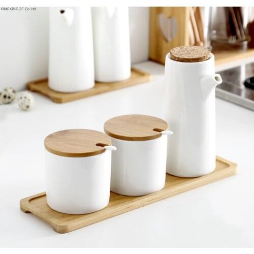 Ceramic Jars with Lid Home Suger Jar Kitchen Storage Container Spice Organizer Rack Seasoning Box Suit Lecythus Wooden Pallets
