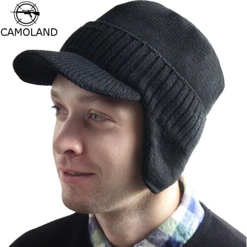 CAMOLAND Winter Hat Skullies Scarf Set Men Women Knitted Scarf Cap Balaclava Warm Fleece Fur Earflap Cap Male Brim Visor Beanies