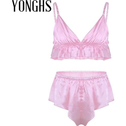 2Pcs Mens Sissy Crossdressing Sex Lingerie Suit Silky Bra Top with Loose Triangle Briefs Erotic Sissy Gay Homme Underwear Set