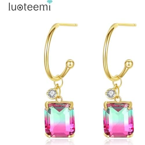 LUOTEEMI Hot Sale Square Top Quality Blue/Multicolor CZ Dangle Drop Earrings for Girls Dating Party Double Color Fashion Jewelry