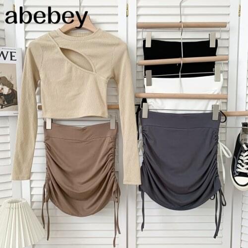 Fashion versatile solid Skirt drawstring bandage irregular high waist pleated short A-line Skirt 2021 New Summer Women