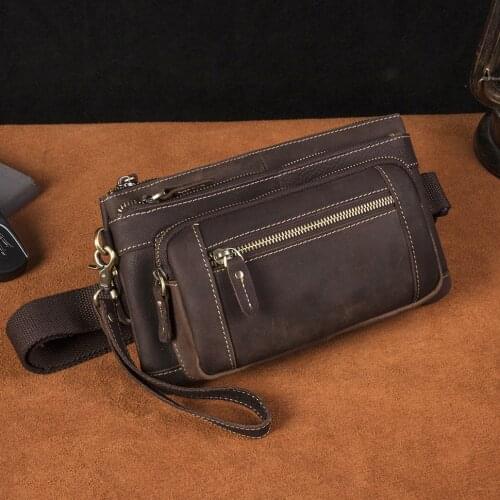 Trend Crazy Horse Leather Men Casual Vintage Travel Fanny Waist Belt Bag Chest Pack Design Phone Cigarette Case Pouch Male 9801