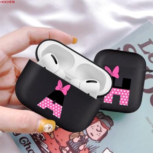 Cute Pink Bow Initial Alphabet Letter Soft Case For AirPods 2/1 Pro Black Silicone Wireless Bluetooth Earphone Box Matte Cover