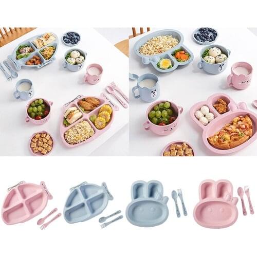 Childrens Household Wheat Fiber Childrens Tableware Set E791 Cute Cartoon Grid Resistant Plate Fork Spoon Combination