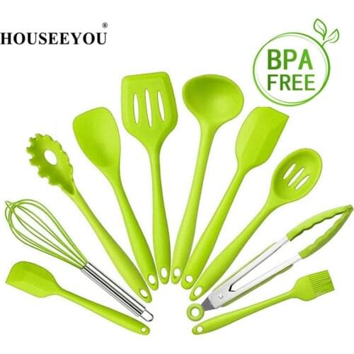 HOUSEEYOU 10Pcs Kitchenware Cooking Tool Sets 100% Food Grade Silicone Safe Heat Resistant Non-Stick Kitchen Cook Baking Utensil
