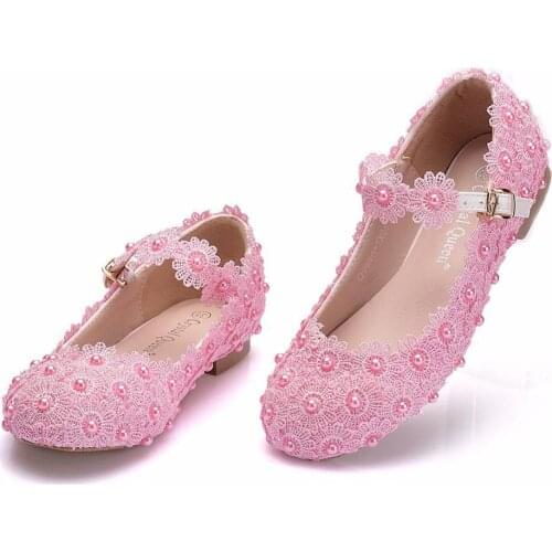 2020 New Girls white pink lace Wedding Shoes Children Princess Dance Kids Fashion Party Shoes flowers heels