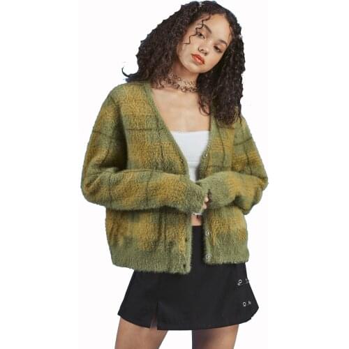 2021 New European And American Big-name Fashion Retro Mink Plaid V-neck Loose Color Matching Plush Sweater Cardigan Jacket