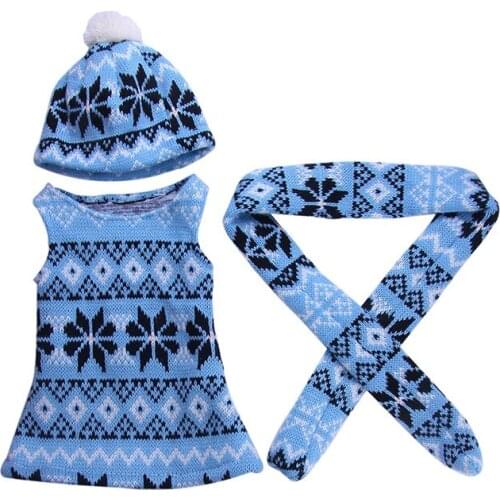 Doll Clothes 3 Pcs Sweater Dress+Scarf+Hat Fit 18 Inch American Doll & 43 Cm Born Doll For Generation Toy Accessories