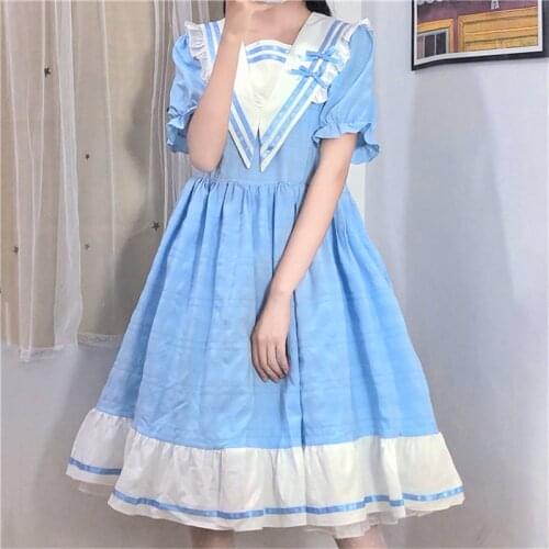 OLOMLB Women Kawaii Lolita Style Dress Japanese Soft Girl Sweet Sailor Collar Bow Dresses Blue Flare Sleeve Vintage Clothing