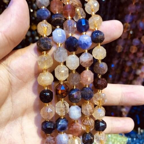 Wholesale Natural Mulit Rutilated Quartz Beads,Hand Cutting Bead10mm Faceted Gem Stone Loose Beads for jewelry,1string 15.5"