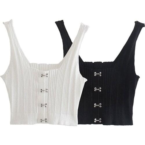 Navel-exposed Knitted Camisole with Hook and Buckle Design Tight-fitting Outer Wear Navel-exposed Bottoming Jacket Dldd663