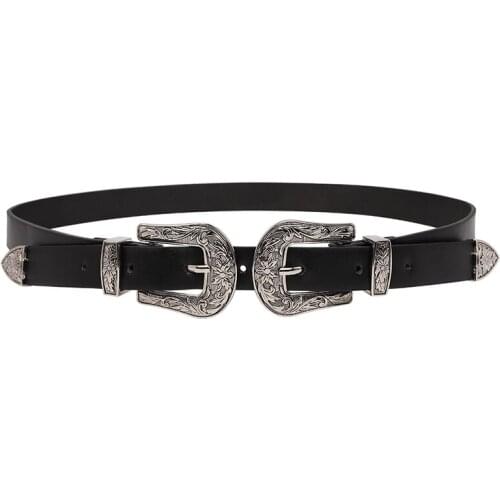 New Hot Belt Fashion Vintage PU Leather Belts For Women Rock High Quality Weight Double Buckle Waist Strap Jeans Black Waistband