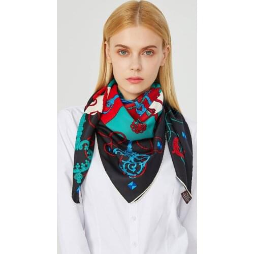 90cm Key Print Luxury 100% Twill Silk Scarf Foulard Hijab Brand Square Scarf Women Bandana Handmade Curled Head Scarves Warps