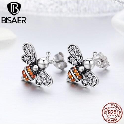 Authentic 100% 925 Sterling Silver Flying Insect Yellow Dancing Bee Stud Earrings For Women Fashion Jewelry Birthday Gift