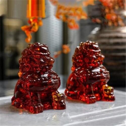 Chinese Style Glass Amber Lion Statue Model Home Study Decoration Creative Animal Art&Craft Figurine X5090